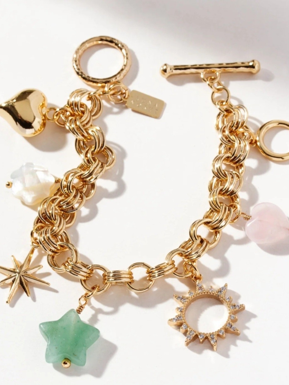 Gold Charm Bracelet with Green, Pink and Cream Stone Charms